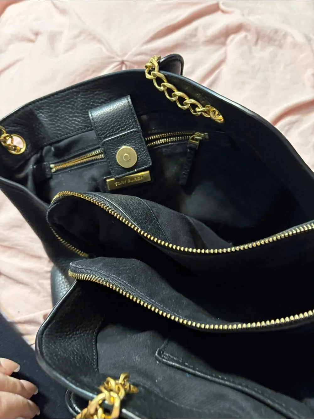 Tory Burch Black Pebbled Leather Tote with Gold Emblem